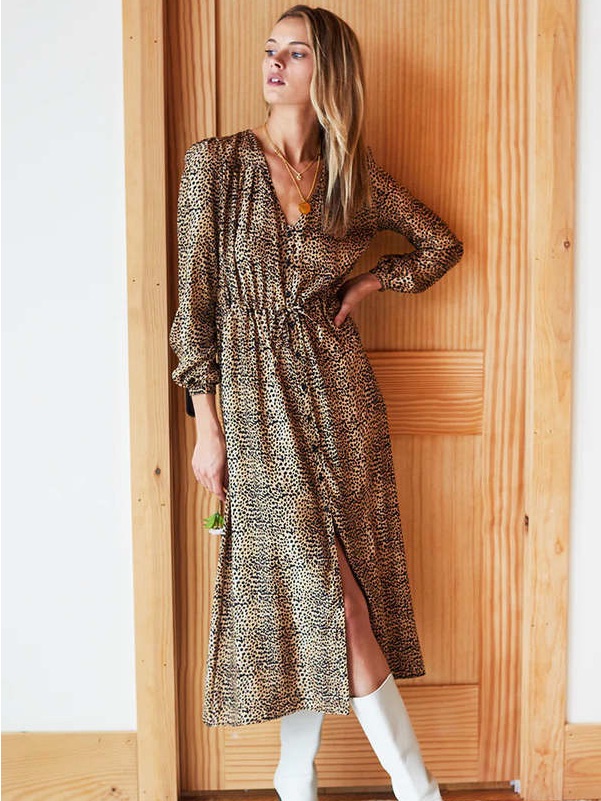 Emerson Fry May Silk Dress Little Cheetah Print Long Sleeve Drawstring Buttons
